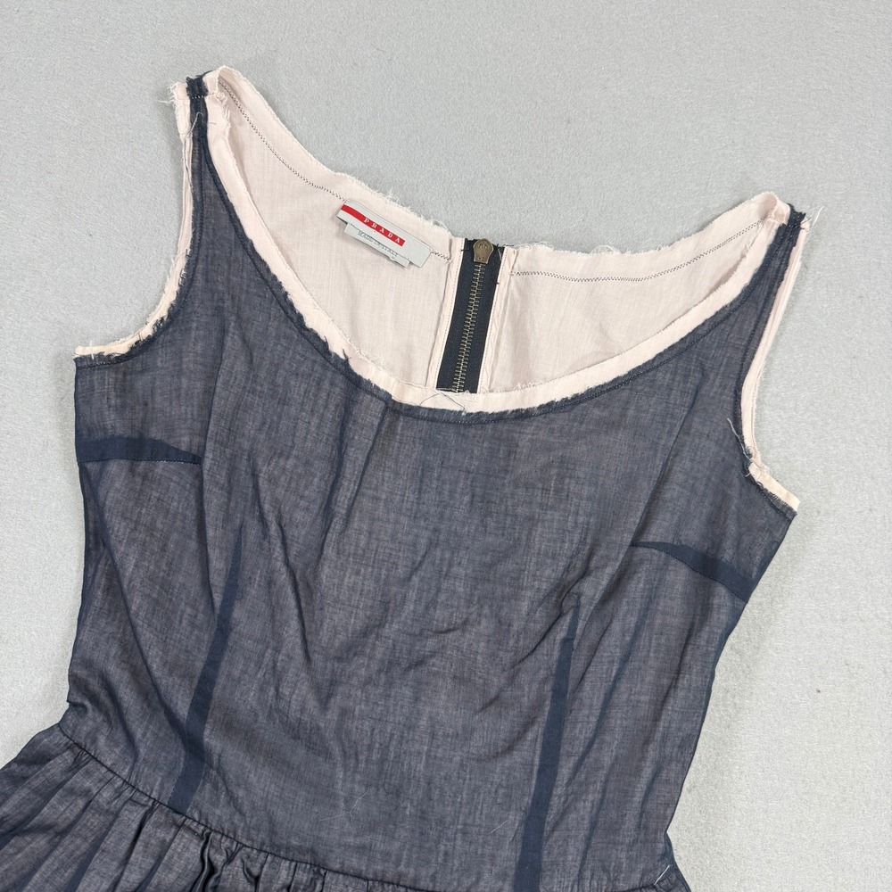 Prada Dress Women Navy Fits Small Sport Chambray Pleated Sleeveless Raw Hem Y2K - Picture 10 of 12